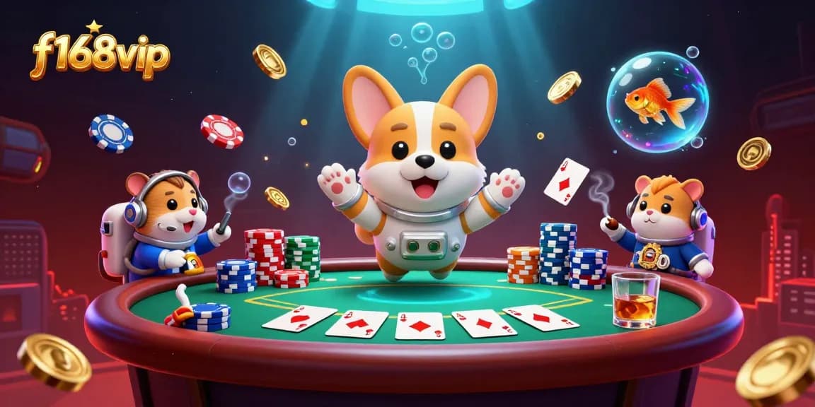 Engage with exciting games at f168vip with a floating 3D astronaut corgi in a vibrant casino scene.