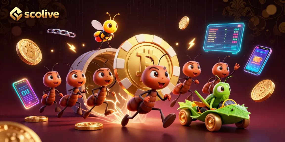 Socolive showcases ants in a thrilling heist with golden poker chips in a vibrant casino-themed digital scene.