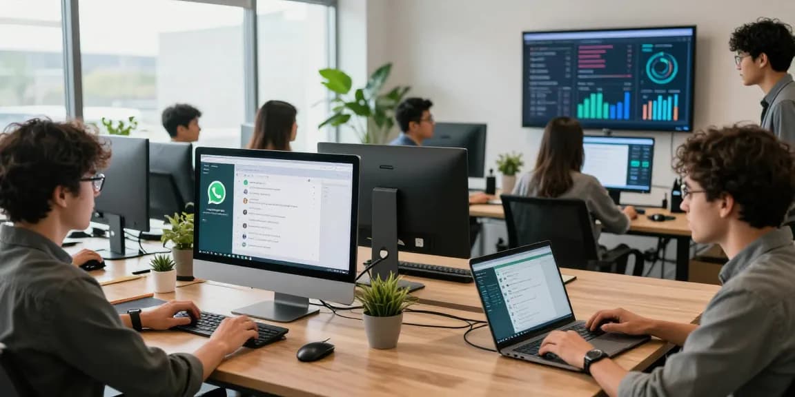 Team collaboration using WhatsApp網頁版 in a modern office setting with desktops and digital devices.