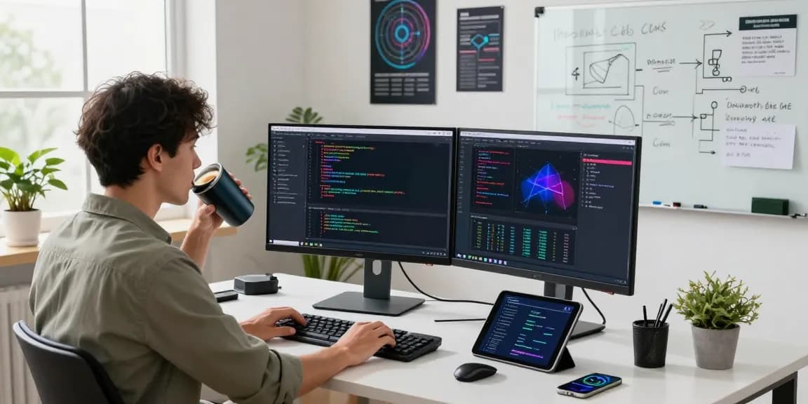 快连 network optimization workspace with software engineer coding on dual monitors and vibrant technology visuals.