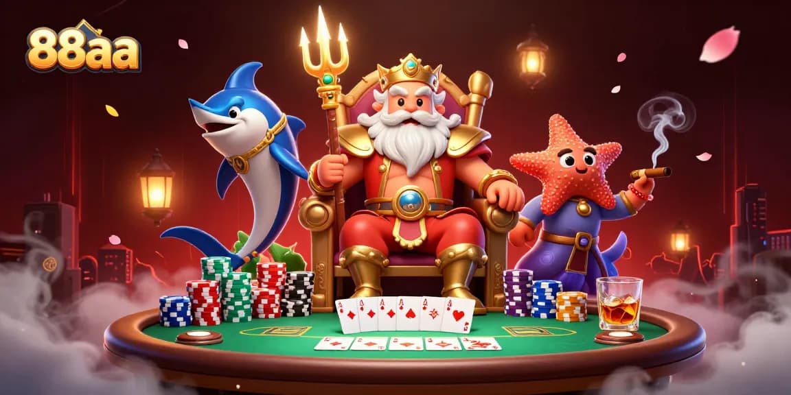 Bet big with 88aa at a lively poker table featuring vibrant characters and game elements.