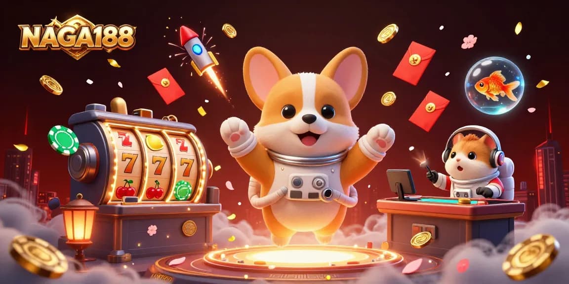 NAGA188 menampilkan ilustrasi kasino luar angkasa dengan corgi astronot dan permainan slot yang mengasyikkan.
