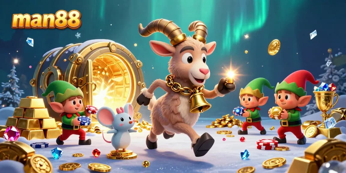 Experience gaming excitement with man88 in a lively casino scene featuring festive characters and treasures.