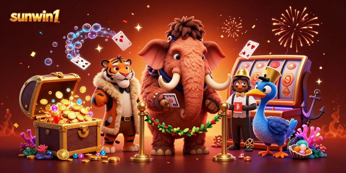 Experience the festive energy of sunwin1 with a vivid 3D casino scene featuring glamorous characters and gaming elements.