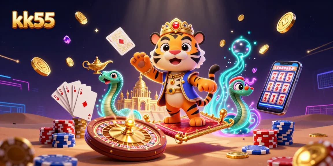 Experience thrilling wins with kk55, featuring a vibrant casino scene of a tiger sultan on a poker chip carpet.