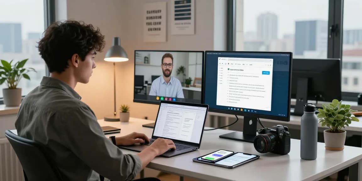Professional using Telegram web version in a vibrant digital workspace.