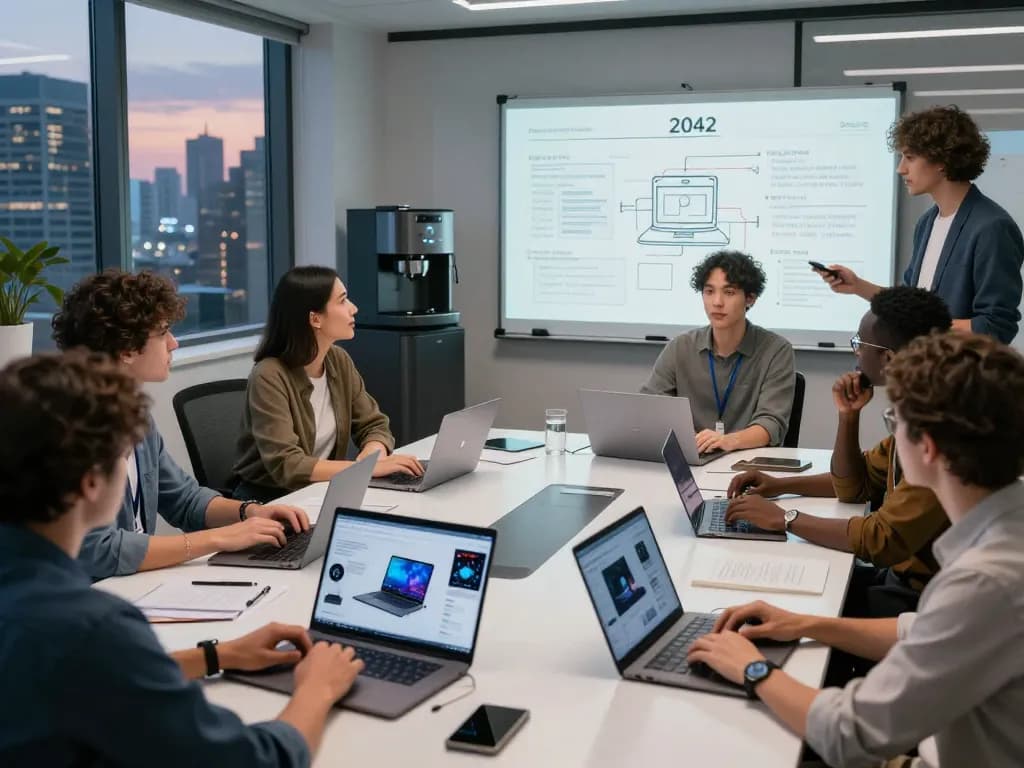 Collaborative workspace showcasing innovative designs for the top 10 tech gadgets 2042 in a dynamic office setting.