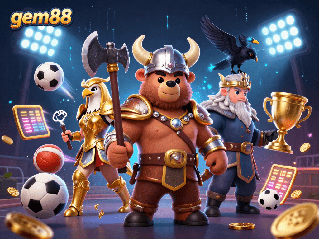 Experience the excitement of gem88 with a Viking bear, Valkyrie eagle, and dynamic sports elements.