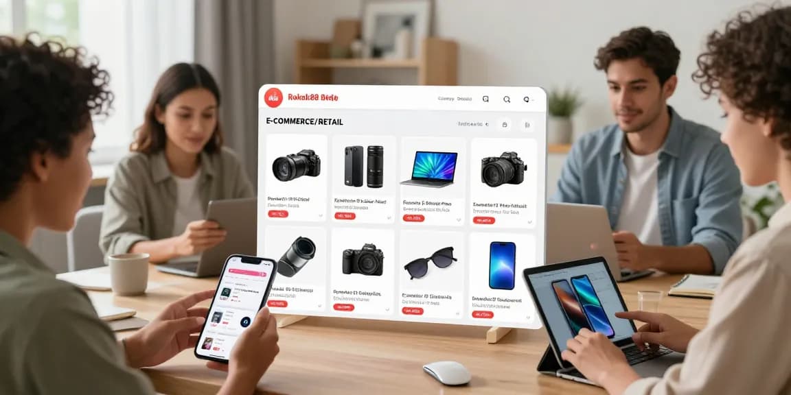 Rokok88 app showcases diverse electronics and gadgets in a vibrant online shopping scene.