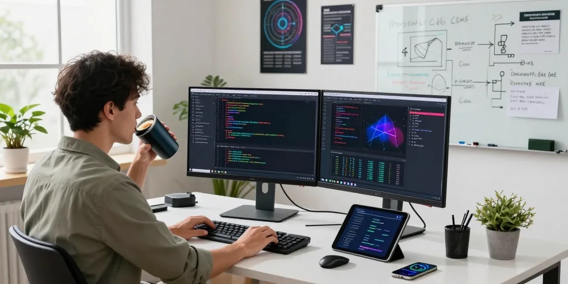 快连 network optimization workspace with software engineer coding on dual monitors and vibrant technology visuals.