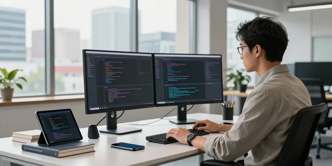 快连 developer coding on dual monitors in modern office space