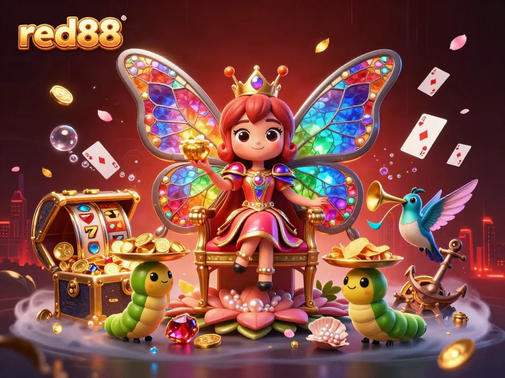 Experience the excitement of red88 with a vibrant 3D illustration featuring a butterfly queen, treasure, and slot game elements.