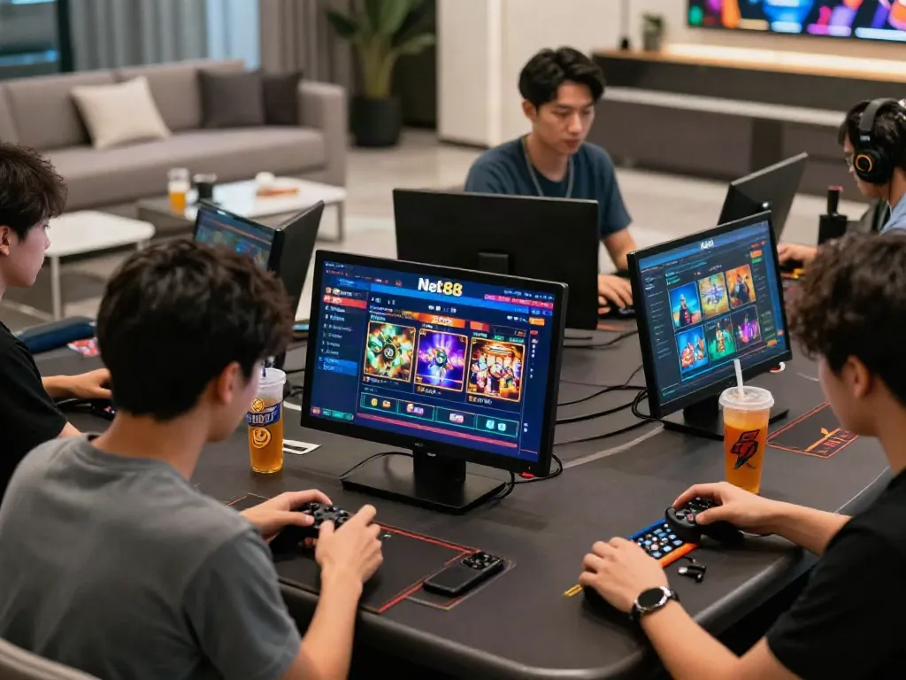 Engaging players exploring games on https://net88.broker/ in a modern setting, showcasing online excitement and casino vibes.