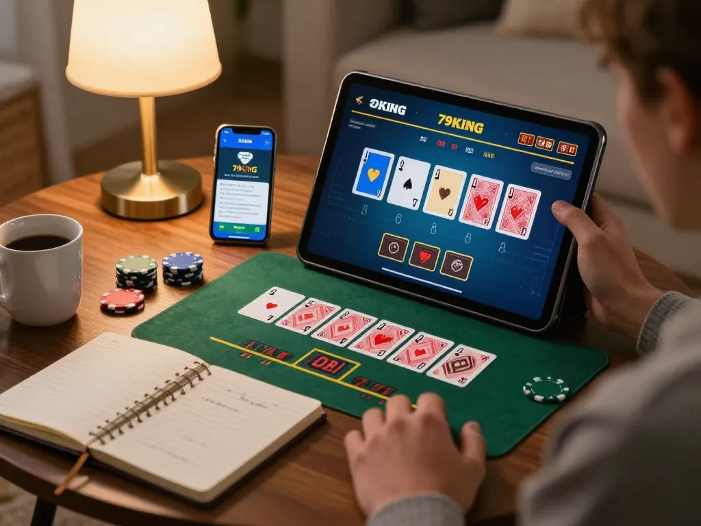 Engaged player enjoying a dynamic online blackjack game on 79KING with a warm home atmosphere.