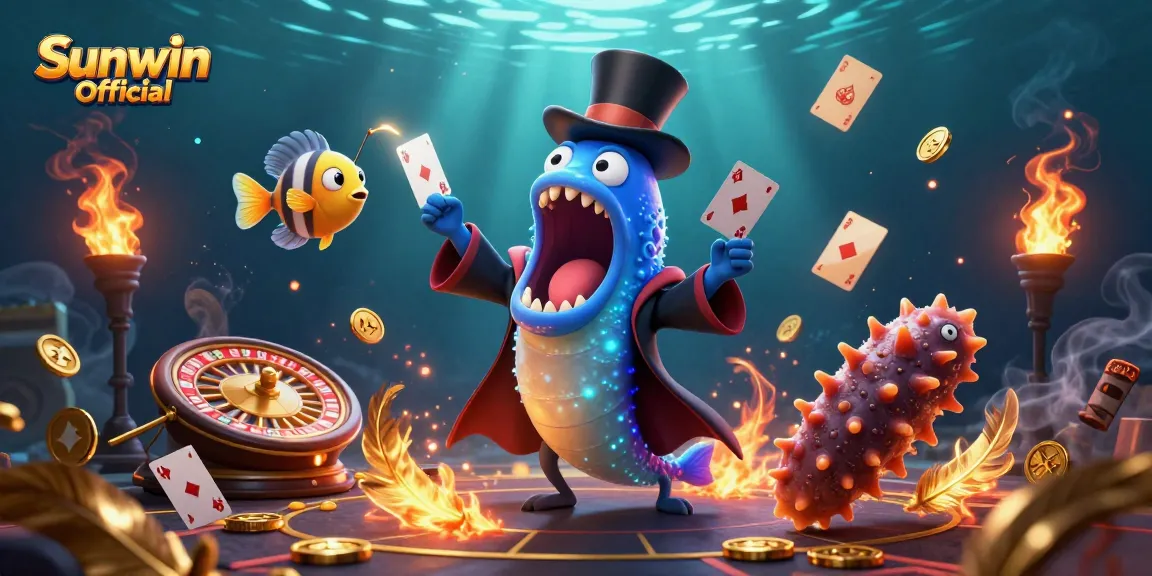 Engage with Sunwin Official as a bioluminescent eel performs thrilling casino magic tricks in a vibrant underwater setting.