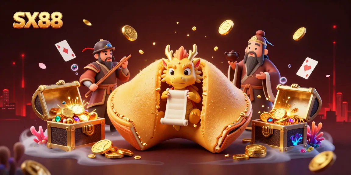 Engage with SX88's vibrant gaming scene, featuring a golden fortune cookie and various interactive elements.