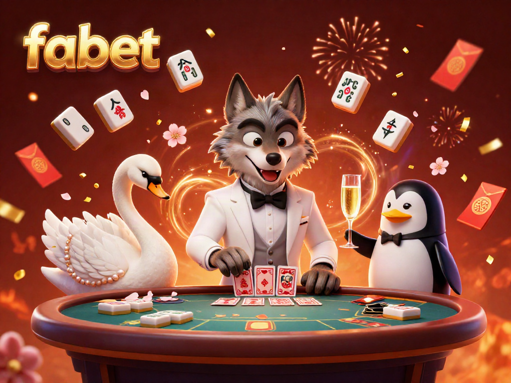 Experience the thrill of fabet with a debonair wolf, elegant swan dealer, and penguin sommelier in this vibrant casino scene.