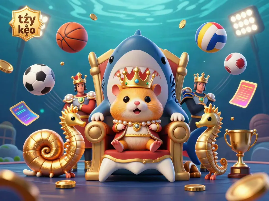 Engage with tỷ lệ kèo as a golden hamster king on a megalodon throne amidst dynamic sports betting elements.