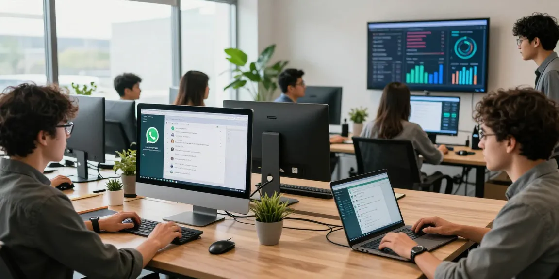 Team collaboration using WhatsApp網頁版 in a modern office setting with desktops and digital devices.