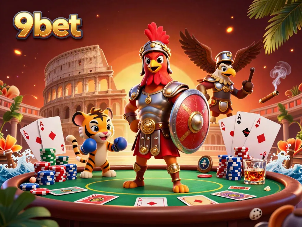 Engage in exciting poker battles at 9bet with dynamic characters and vibrant game elements.