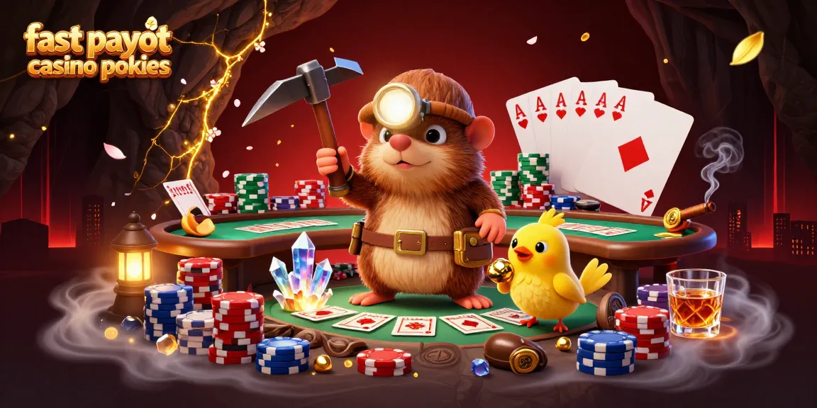 Spin and win at fast payout casino pokies with treasure hunter mole and poker elements.