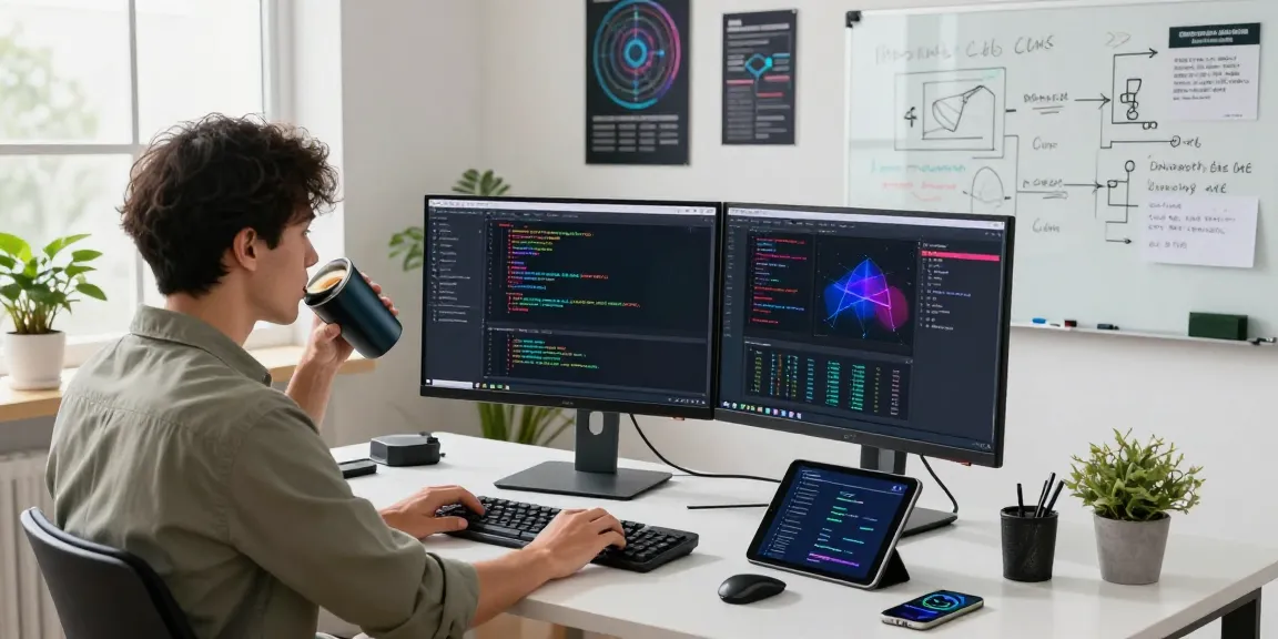 快连 network optimization workspace with software engineer coding on dual monitors and vibrant technology visuals.