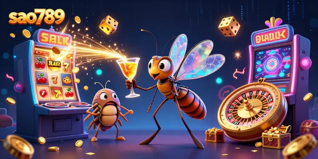 Experience the vibrant entertainment at sao789 featuring a dynamic casino scene with a golden cocktail and exciting game elements.