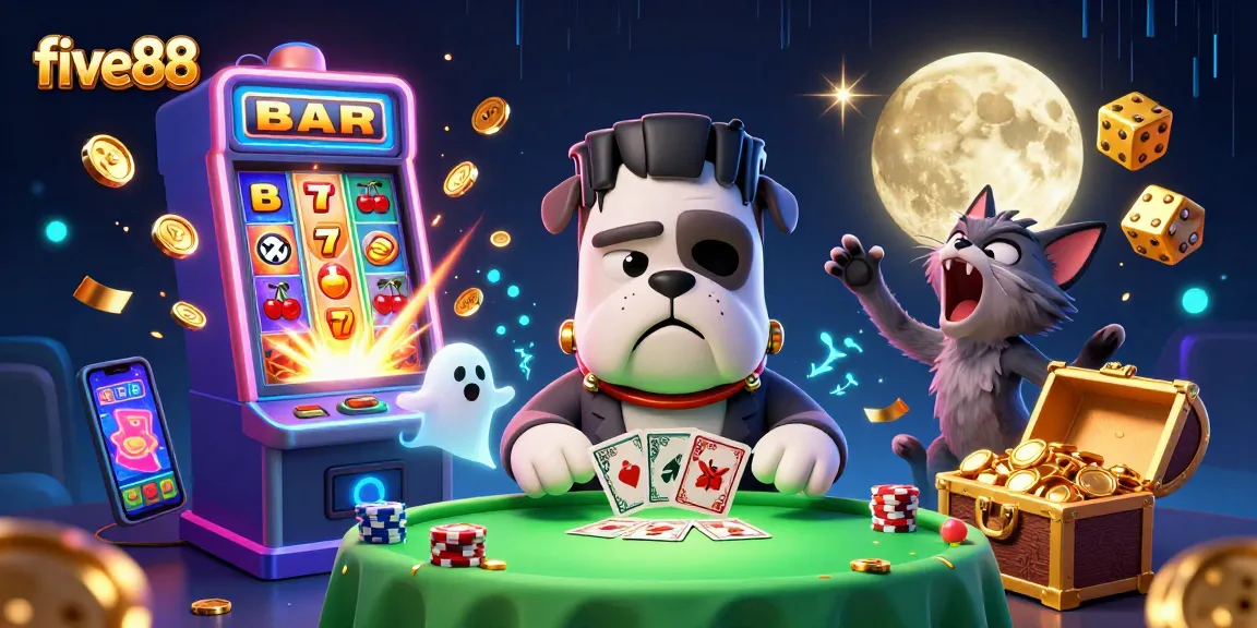 Betting at five88 with a Frankenstein bulldog dealer at a vibrant casino table.