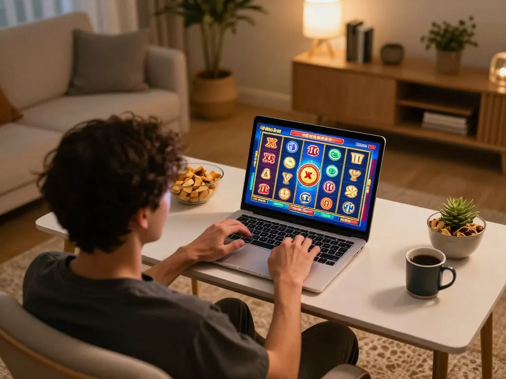Engaged player spinning XX 88 slots on laptop in cozy home setting.