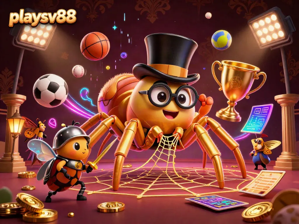 PlaySV88 casino scene featuring a golden tarantula and a beetle knight among sports betting elements.