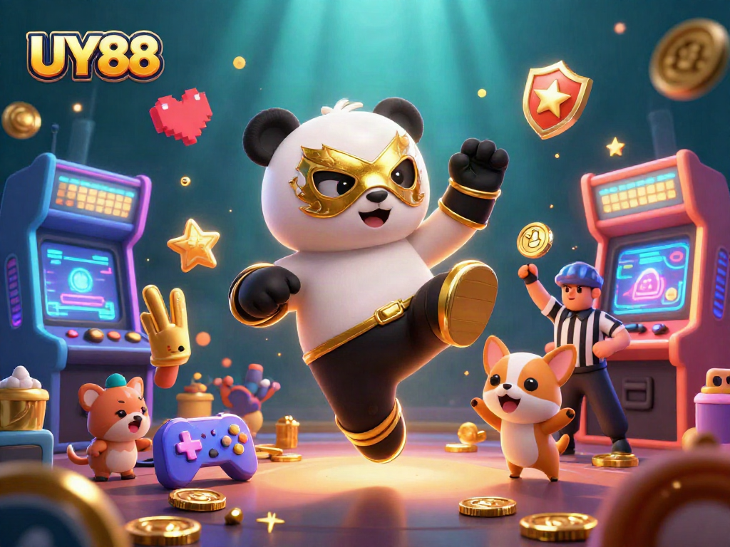 Experience thrilling action with UY88 as animated Panda and Chihuahua come alive in a vibrant casino scene.