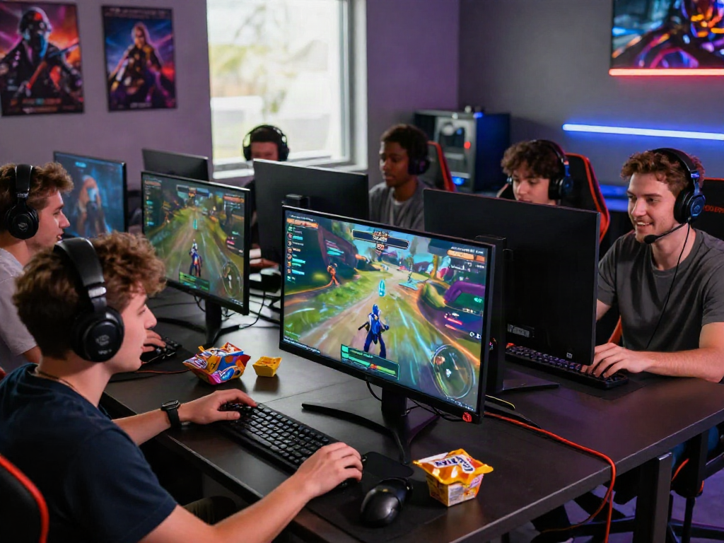 Engaged players at a gaming setup exploring https://playsv88.net/ in a vibrant atmosphere.
