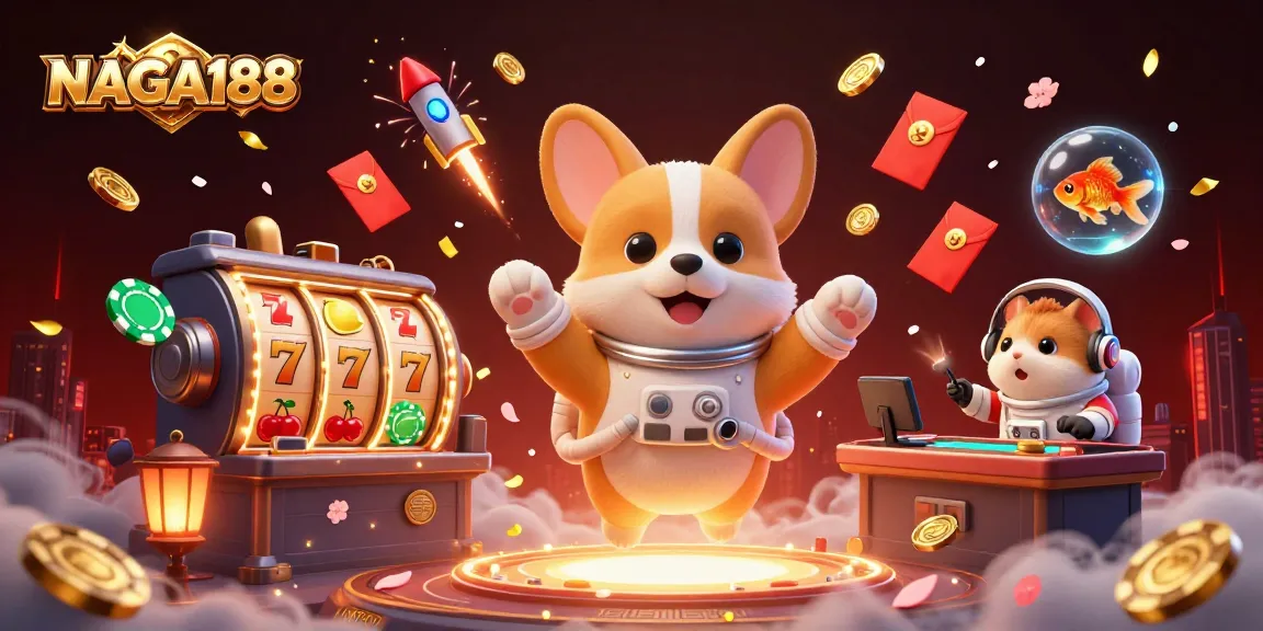 NAGA188 menampilkan ilustrasi kasino luar angkasa dengan corgi astronot dan permainan slot yang mengasyikkan.