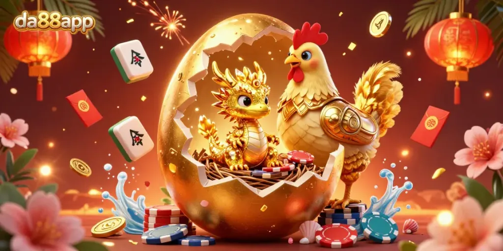 Experience winning strategies with da88app, showcasing a golden dragon amid a wealth of poker chips.