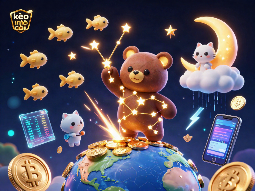 Engage with kèo nhà cái as a constellation bear gathers coins, framed by crypto elements in a vibrant casino scene.