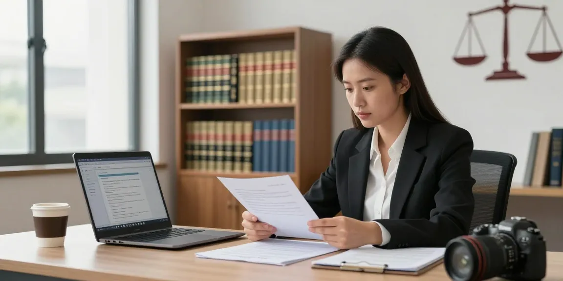Legal consultation workspace showcasing a professional reviewing documents with a call to click for more info on legal services.