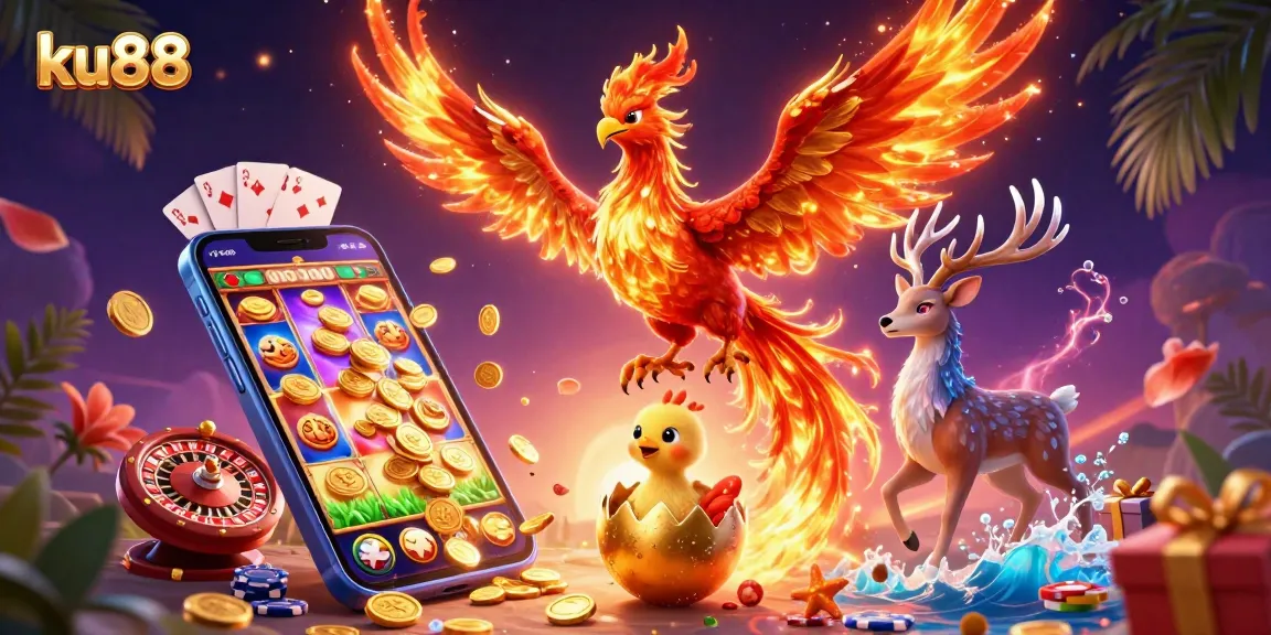 Experience the thrilling ku88 casino atmosphere with a vibrant phoenix scene, dynamic gaming elements, and rich illustrations.