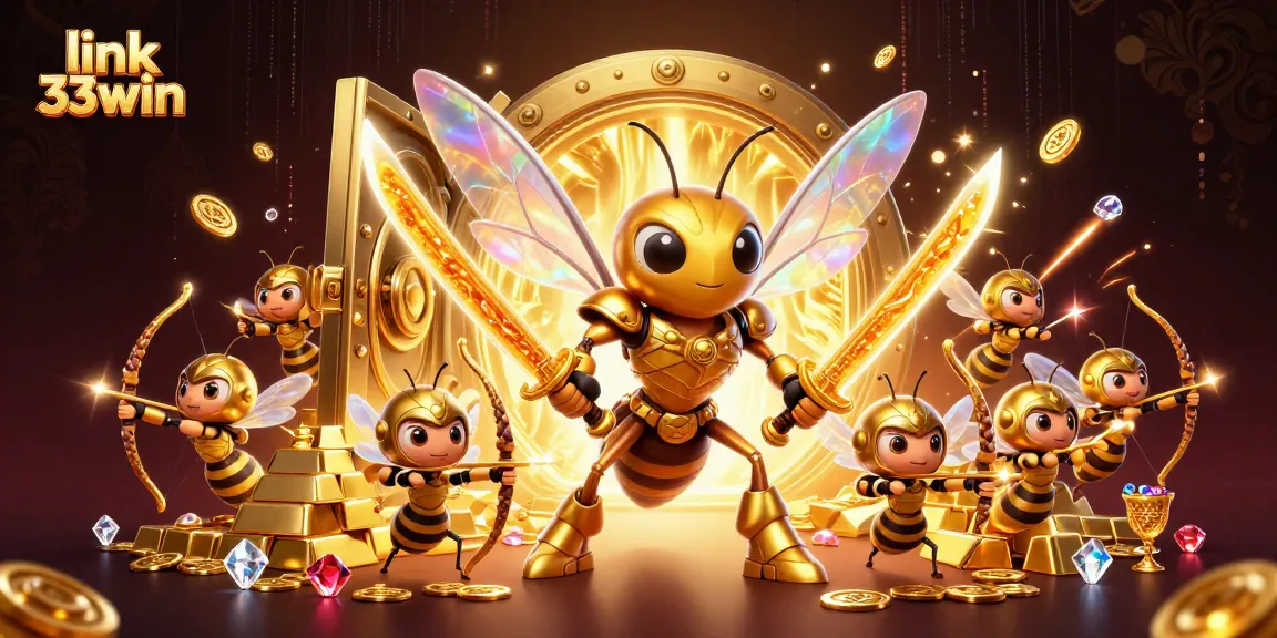 link 33win showcases a stunning 3D illustration of a hornet samurai and bee archers amidst treasure.