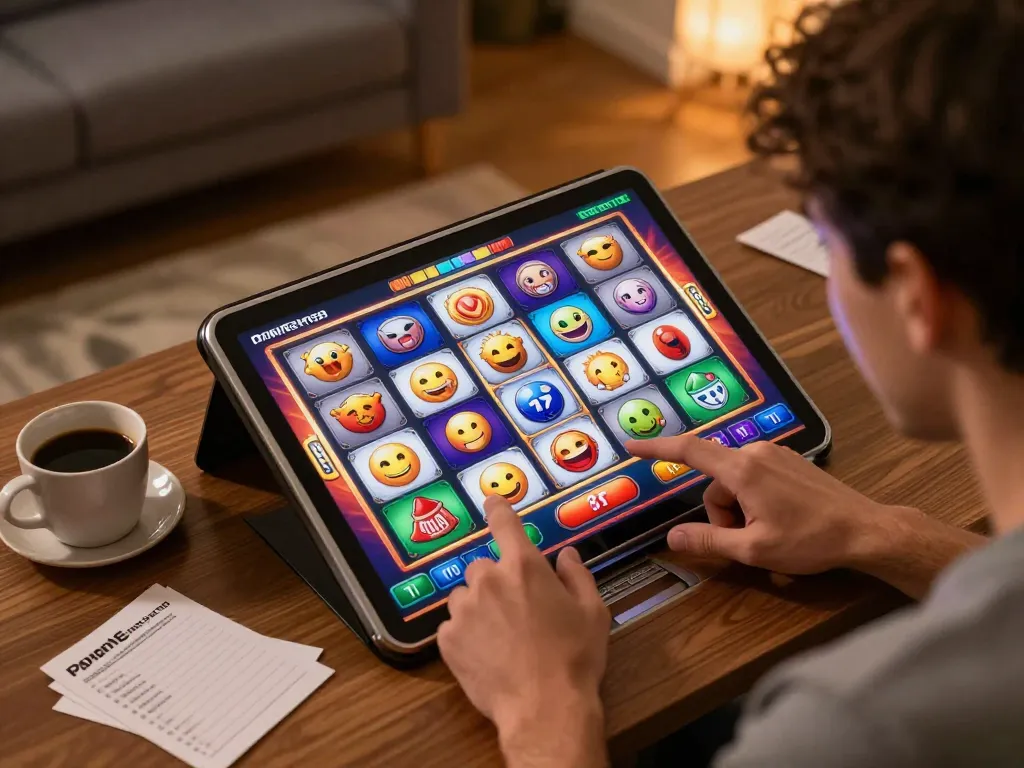 Player engaging in online slot pulsa gaming, thrilled by spinning reels and vibrant graphics.