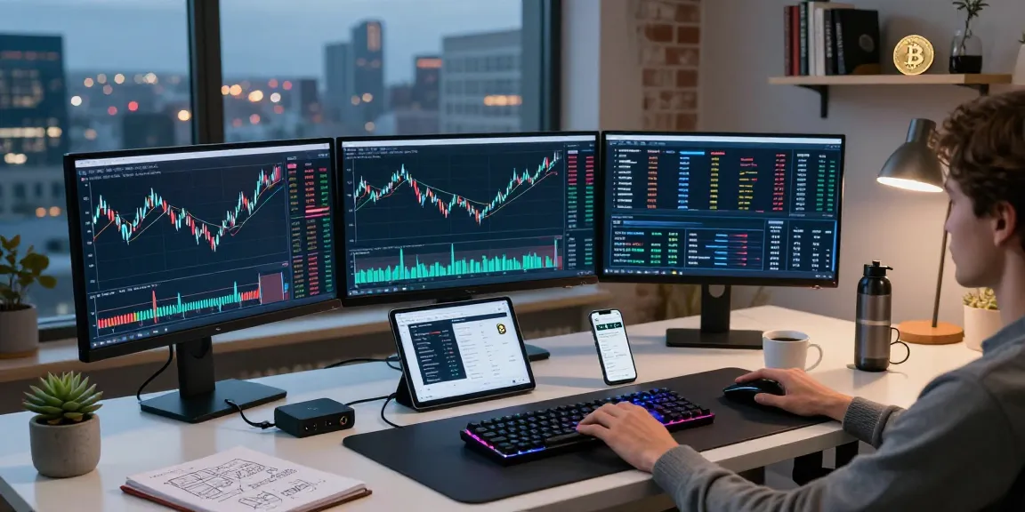 Obchodování s Bohemium AI na moderním pracovním stole s kryptoměnovými grafy a DeFi dashboardy.
