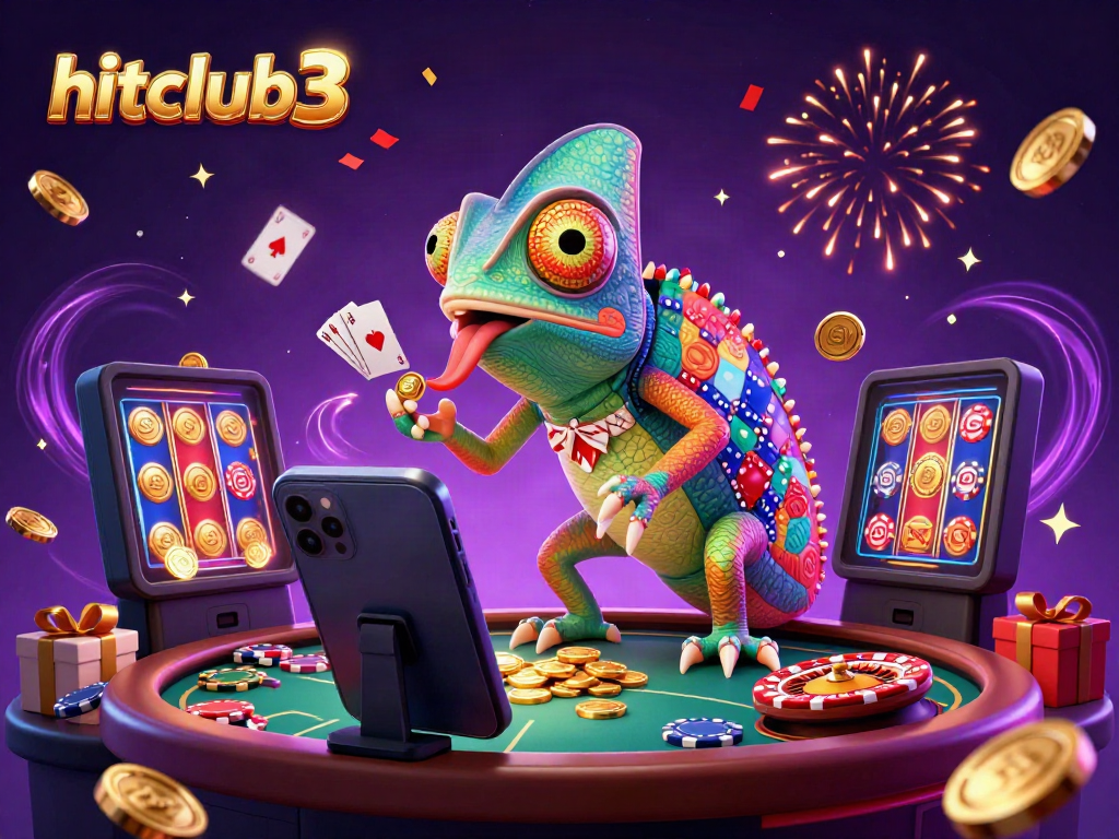 hitclub3 showcases an energetic chameleon casino owner amidst a vibrant gambling scene, capturing excitement and winning.