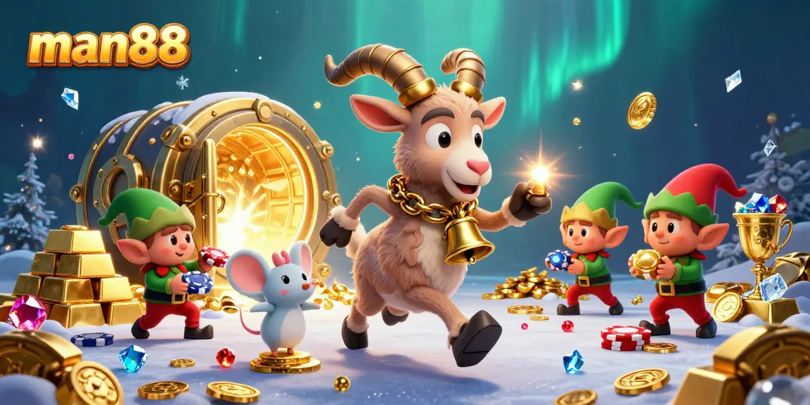 Experience gaming excitement with man88 in a lively casino scene featuring festive characters and treasures.
