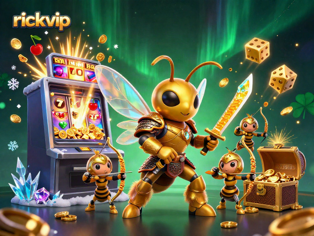 Engage in thrilling gaming at rickvip with the golden hornet and bee archers amid vibrant casino elements.