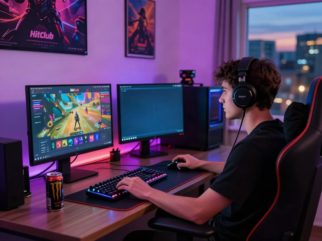 Engaged user playing on Hitclub gaming platform with vibrant setup and city view