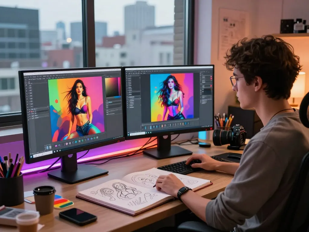 Artist generating innovative AI porn content in a modern digital studio.
