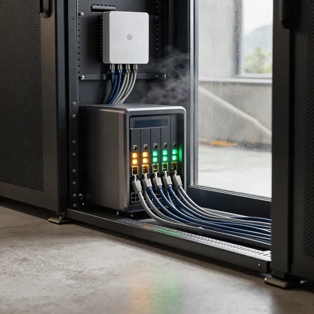 Serverová skříň a síťové prvky v podkroví s jemným deštěm na okně