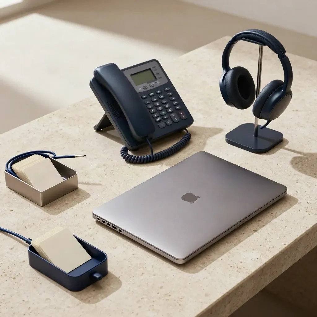 CRM workstation s notebookem, telefonem, dockem a sluchátky na travertinovém stole.