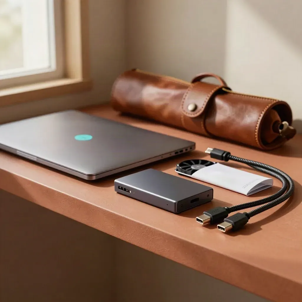 Uzavřený notebook, router, SSD a srolované nářadí na teplé polici po údržbě webu.