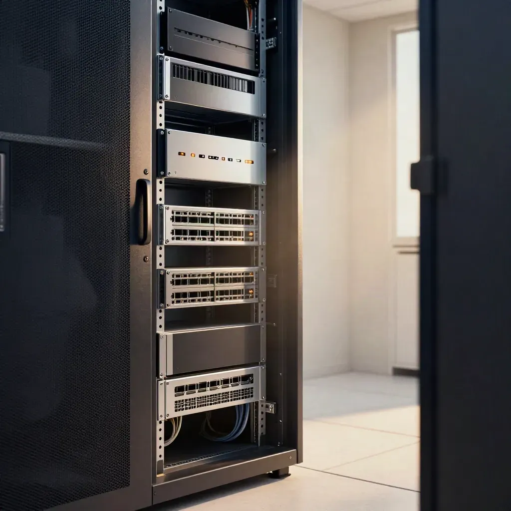 Prázdná serverovna po migraci do cloudu, stabilní racky, jemná pára a světlo z okna.