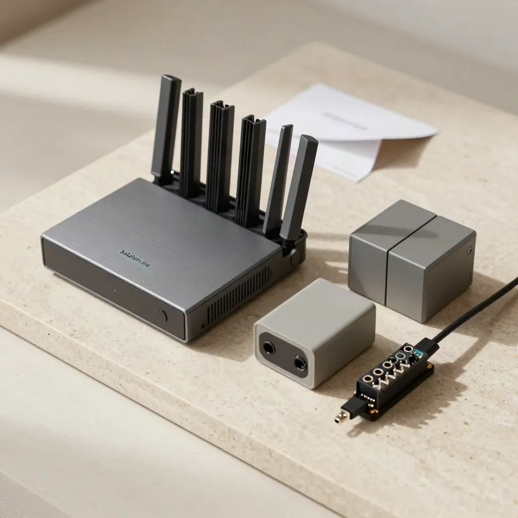 Router, malé NAS a modul relé v přesném flatlay na světlém kameni.